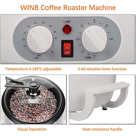 Close-up of Electric Home Coffee Roaster For Beans And Nuts 110V Kitchen Roaster controls and roasting chamber with beans inside.
