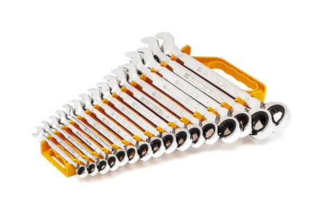 16 Piece Reversible Ratcheting Combination Wrench Set Metric With Flush Mounted Reversing Lever And Off Corner Loading Design For Superior Grip
