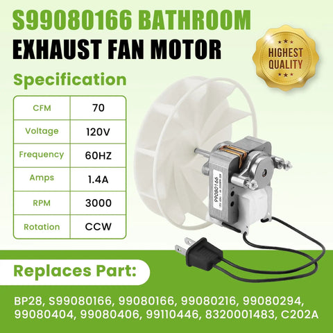 Vent Bath Fan Motor Replacement For NuTone 655 657 658 679 Exhaust Fans, 70 CFM, with blower wheel and S99080166 motor