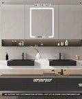 Slick Wall Mounted Double Sink Bathroom Vanity With Led Smart Defogger Mirror And Floating Shelf For Toiletries Modern White Black Finish 56 Inch dimensions and features display.