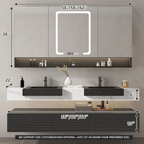 Slick Wall Mounted Double Sink Bathroom Vanity With Led Smart Defogger Mirror And Floating Shelf For Toiletries Modern White Black Finish 56 Inch dimensions and features display.