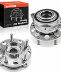Two Pack Wheel Bearing And Hub Assemblies Direct Fit 5 Lug For Kia Sorento 2016 2020 Rear AWD And Sorento 2019 2020 Front Hyundai Santa Fe 2015 2018 Front Santa Fe Sport 2015 2018 Front Santa Fe XL 2015 2019 Front EZ Install shown with packaging, highlighting the wheel studs and bearings for easy installation.
