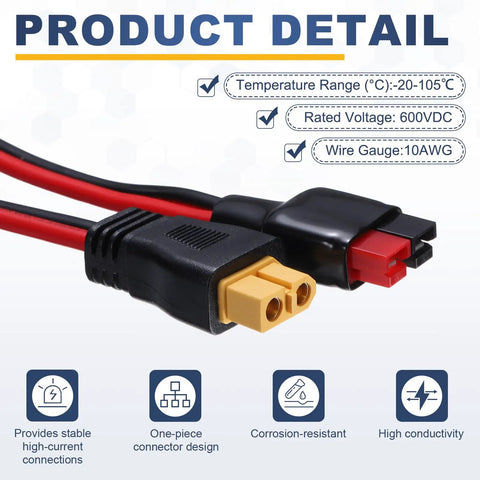 XT60 Extension Cable 2 Feet Red And Black Battery Plug For RC Cars Drones Solar Panels Portable Power Stations 600V DC