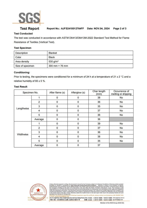 SGS test report for Fireproof Welding Blanket 40x40 Inch Carbon Felt Soldering Mat showing flame resistance results.