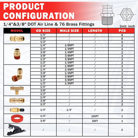 CheeMuii brass DOT air line fittings kit front view with 100 ft 1/4 inch and 50 ft 3/8 inch red tubing