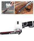NoSweat 12V Cordless Detail Belt Sander, Brushless Motor, Adjustable Flex Head, Ten Included Belts close-up view with sanding belt.
