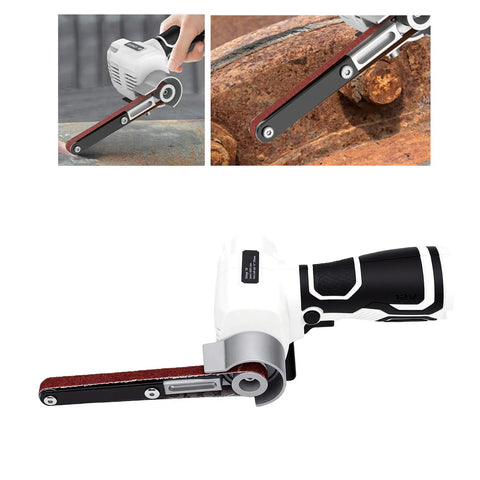 NoSweat 12V Cordless Detail Belt Sander, Brushless Motor, Adjustable Flex Head, Ten Included Belts close-up view with sanding belt.