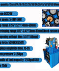 Built Tough 220V Electric Hydraulic Hose Crimping Machine With Thirteen Alloy Steel Die Sets For Rubber Hose Fitting Half Inch To Two Seventy Two Inch Range Quick Setup And Shop Grade Durability, showing specifications on a blue background.