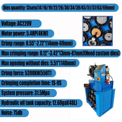 Built Tough 220V Electric Hydraulic Hose Crimping Machine With Thirteen Alloy Steel Die Sets For Rubber Hose Fitting Half Inch To Two Seventy Two Inch Range Quick Setup And Shop Grade Durability, showing specifications on a blue background.