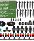 Smart Outdoor Drip Irrigation System with Quick Connect Tubing and Adjustable Sprinkler Heads set displayed with components.