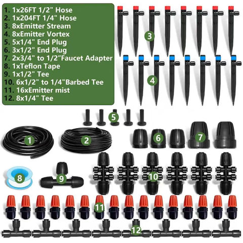 Smart Outdoor Drip Irrigation System with Quick Connect Tubing and Adjustable Sprinkler Heads set displayed with components.