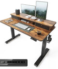 Height Adjustable Electric Standing Desk With Double Drawers And Storage Shelf 48 By 24 Inch Sit Stand Desk In Rustic Brown