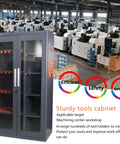 Heavy Duty CNC Tool Cabinet With Secure Lock, Large Capacity Workshop Storage Rack, Built Like A Tank Steel Organizer displayed in a machining workshop.