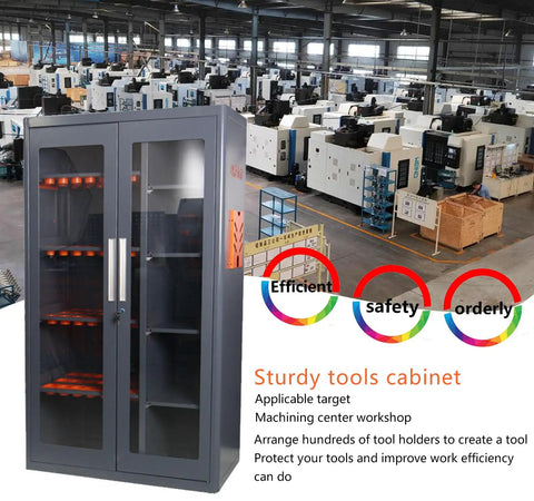 Heavy Duty CNC Tool Cabinet With Secure Lock, Large Capacity Workshop Storage Rack, Built Like A Tank Steel Organizer displayed in a machining workshop.
