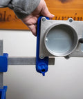 Kickass Adjustable Dust Collection Rig For Split Bed Wood Lathes With Tight Four Inch Hose Hookup And Three Way Flex Brackets showing the cast aluminum gate.