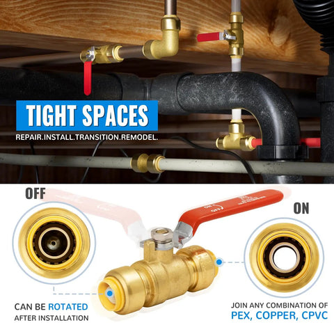 Half Inch No Lead Brass Push To Connect Ball Valve Water Shut Off For PEX Copper CPVC PE RT Plumbing With Disconnect Clip installed