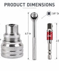 Adjustable Universal Socket Wrench For 38 Inch Drive Ratchet And Torque Adapter Three Piece Set dimensions with sizes labeled.