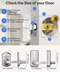 Slick Keyless Entry Door Lock Handle With Built In Keypad In Satin Nickel showing installation dimensions and door size specifications.