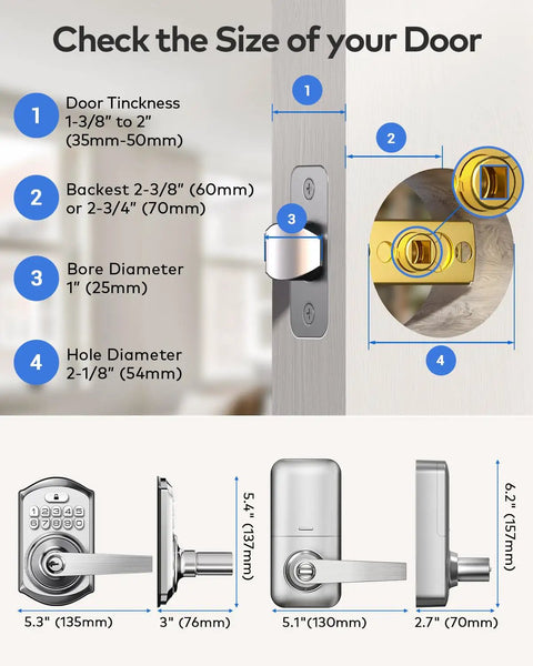 Slick Keyless Entry Door Lock Handle With Built In Keypad In Satin Nickel showing installation dimensions and door size specifications.