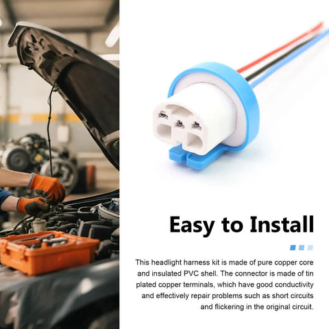 Close-up of Two Pack Car Fog Light Socket Wire Harness Connector Compatible With 9007 9004 HB1 HB5 Bulbs with pure copper terminals.