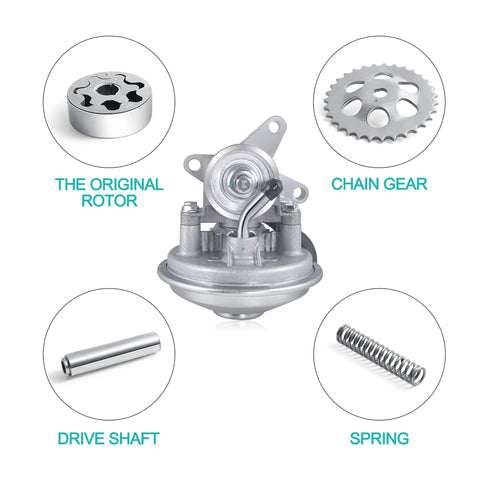Front view of AULINK 904-801 mechanical vacuum pump for 6.5L V8 diesel; rotor, chain gear, drive shaft, spring.