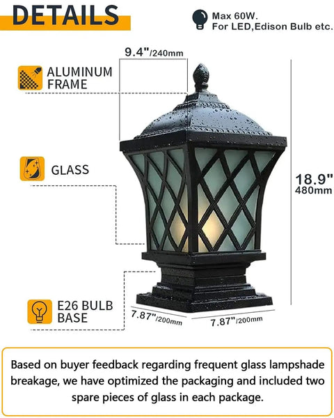 Outdoor Column Light With IP54 Waterproof Rating Glass Shaded Aluminum Post Lamp For Villa Garden Park Lighting Black Pillar Light 18.9 Inch Tall E26 Base Built To Last Industrial Style Post Fixture