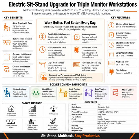 Avlt Electric Standing Desk Converter Fits Triple 32 Inch Monitors Motorized Lift height adjustment infographic for ergonomic workstation
