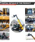 Detailed view of Heavy Duty Four Wheel Drive Telehandler Forklift With Extended Reach Boom showing hydraulic components and spacious cab.