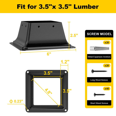Beefy Heavy Duty 4x4 Post Base Set Of 5 For 3.5x3.5 Lumber Steel Deck Bracket Dimensions and Screw Model Chart