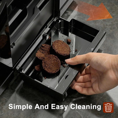 Fully Automatic Espresso Machine With Built-In Grinder, 20 Bar Pressure, 15 Settings, showing removable tray for coffee grounds