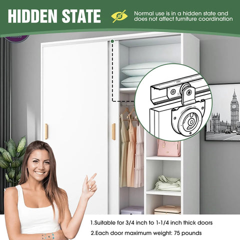 Sliding Closet Door Roller Set For Wardrobes Replacement Rollers Hardware Kit In Silver Eight Piece Pack shown installed on white closet