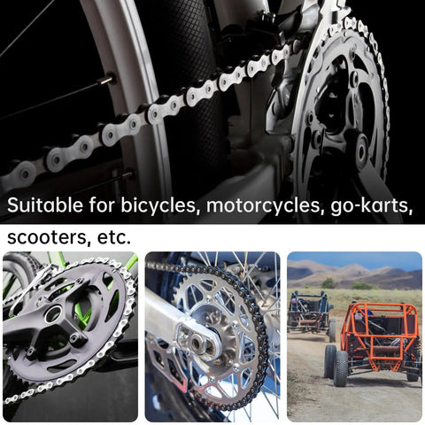 Close-up of chain and sprocket on a bicycle, showcasing Universal Chain Breaker Tool Kit With 15 Piece Master Link Pins for multi-vehicle use.
