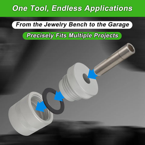 Exploded view of Pro-Grade Coin Ring Punch Kit And Die Set with metal punches for jewelry and DIY projects.