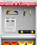 Pegboard with a saw, pliers, screwdriver, and a metal bracket for a motorcycle wheel cleaning stand in a garage setup.