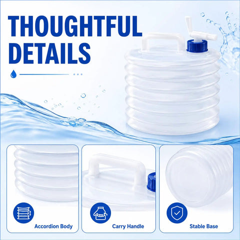 Grab-and-Go Foldable Water Container With Spigot For Camping And Travel, featuring accordion body, carry handle, stable base.