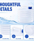 Collapsible Water Container With Spigot For Camping, Foldable Water Jug showing accordion body, carry handle, and stable base