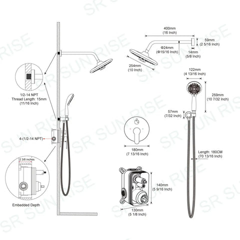 Diagram of 10 Inch Multifunctional High Pressure Shower System With Handheld Head, Valve Included, Polished Chrome Finish