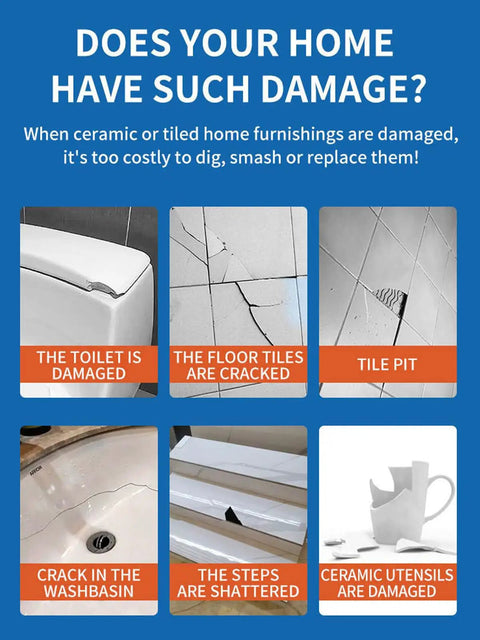 Image showing different types of damage in ceramic and tiled surfaces, highlighting repair needs for Color Match Porcelain Tile And Stone Crack Repair Kit For Ceramic Marble Granite And More Surfaces Fix Cracks Fast Like New With A Pro Grade All In One Kit For Kitchen Bathroom Balcony And More.