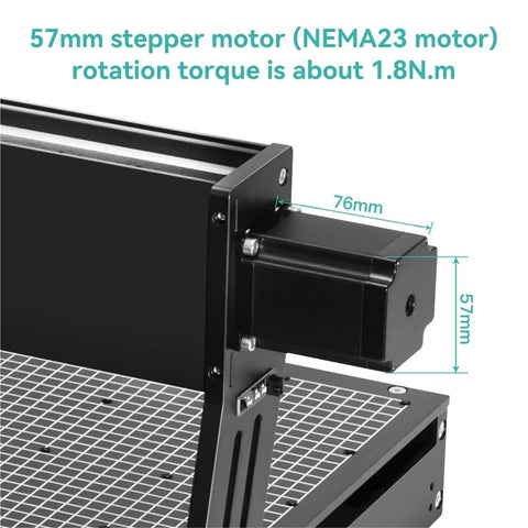 57mm NEMA23 stepper motor mounted on 4540 Plus CNC Router with details showing size and torque specs.