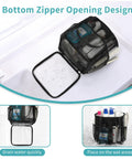Mesh Shower Caddy Portable For Dorm Room Essentials with bottom zipper design displaying quick-drain feature in tub