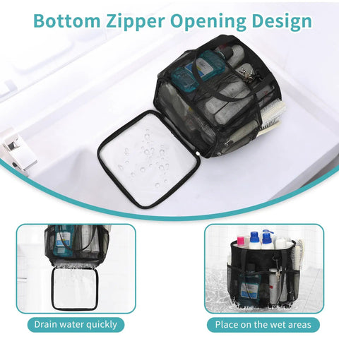 Mesh Shower Caddy Portable For Dorm Room Essentials with bottom zipper design displaying quick-drain feature in tub