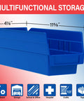 Blue heavy duty plastic shelf bin for garage, closet, drawer organization, 12 by 4 by 4 inches, with dimensions and uses listed.