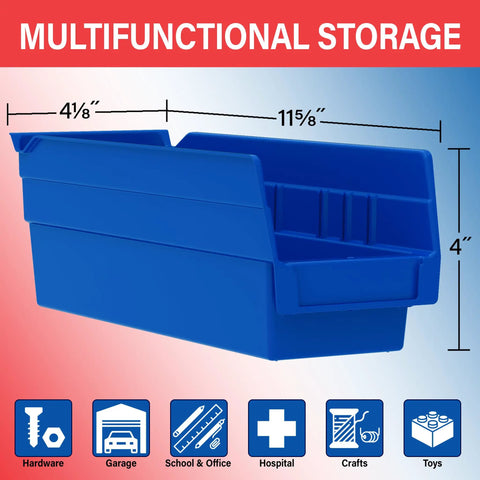 Blue heavy duty plastic shelf bin for garage, closet, drawer organization, 12 by 4 by 4 inches, with dimensions and uses listed.