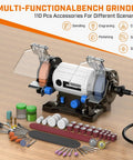 3 Inch Brushless Bench Grinder With Long Flexible Shaft And 110 Piece Accessory Set Knockout Buffer Polisher Kit on wooden surface