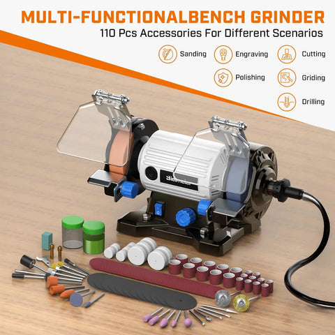 3 Inch Brushless Bench Grinder With Long Flexible Shaft And 110 Piece Accessory Set Knockout Buffer Polisher Kit on wooden surface