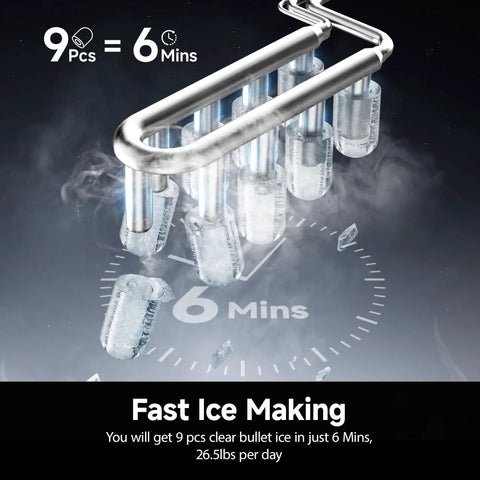 Beast Portable Countertop Ice Maker With Carry Handle, 9 Ice Cubes In 6 Minutes, 26.5 Lbs Per Day illustration showing ice making