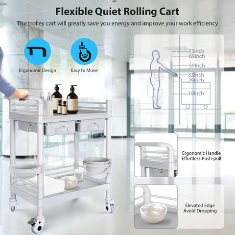 Medical Rolling Trolley Cart With 2 Shelves And Drawers, Heavy Duty Utility Cart 220 Lbs Max Load, Rotating Wheels, Hospital Use