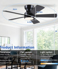 Sleek 46 Inch Flush Mount Ceiling Fan With Integrated Light Kit And Wireless Remote, Five Reversible Matte Black Blades, Three Color Dimmable LED Lighting, Six Smooth Cruise Speeds Plus Two Hour Timer For Chill Bedroom Vibes in a bright room with large windows.