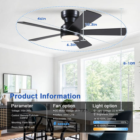 Sleek 46 Inch Flush Mount Ceiling Fan With Integrated Light Kit And Wireless Remote, Five Reversible Matte Black Blades, Three Color Dimmable LED Lighting, Six Smooth Cruise Speeds Plus Two Hour Timer For Chill Bedroom Vibes in a bright room with large windows.