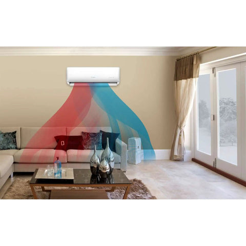 Top Tier Mini Split Air Conditioner And Heater 12000 Btu High Efficiency 230V System with cool air flow and modern living room setup.
